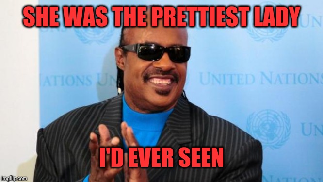 stevie wonder | SHE WAS THE PRETTIEST LADY I'D EVER SEEN | image tagged in stevie wonder | made w/ Imgflip meme maker