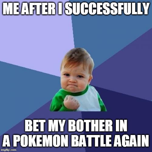 Success Kid | ME AFTER I SUCCESSFULLY; BET MY BOTHER IN A POKEMON BATTLE AGAIN | image tagged in memes,success kid | made w/ Imgflip meme maker
