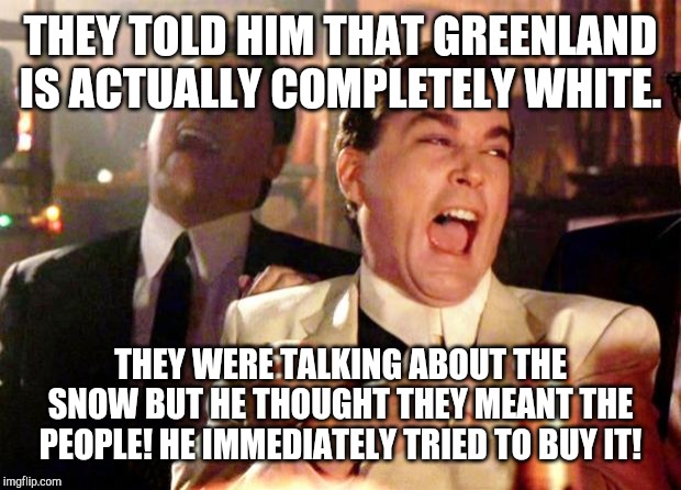 Goodfellas Laugh | THEY TOLD HIM THAT GREENLAND IS ACTUALLY COMPLETELY WHITE. THEY WERE TALKING ABOUT THE SNOW BUT HE THOUGHT THEY MEANT THE PEOPLE! HE IMMEDIATELY TRIED TO BUY IT! | image tagged in goodfellas laugh | made w/ Imgflip meme maker