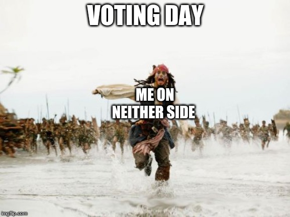 Jack Sparrow Being Chased Meme | VOTING DAY; ME ON NEITHER SIDE | image tagged in memes,jack sparrow being chased | made w/ Imgflip meme maker