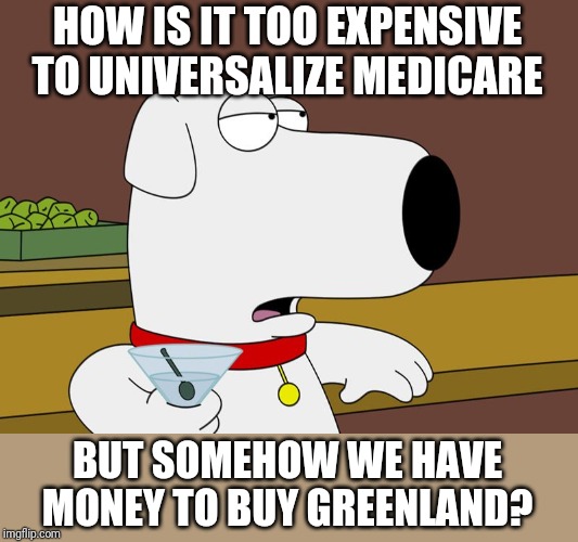 Brian Griffin | HOW IS IT TOO EXPENSIVE TO UNIVERSALIZE MEDICARE; BUT SOMEHOW WE HAVE MONEY TO BUY GREENLAND? | image tagged in brian griffin | made w/ Imgflip meme maker