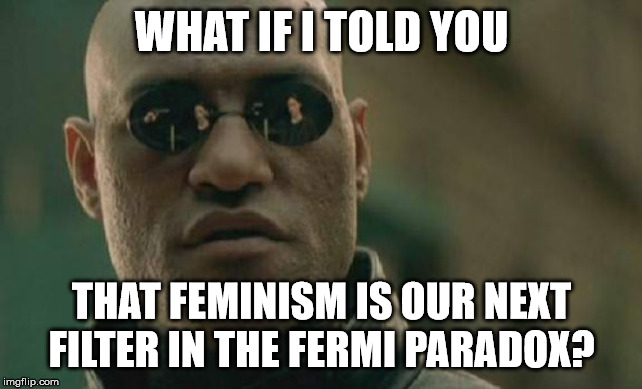 Matrix Morpheus Meme | WHAT IF I TOLD YOU; THAT FEMINISM IS OUR NEXT FILTER IN THE FERMI PARADOX? | image tagged in memes,matrix morpheus | made w/ Imgflip meme maker