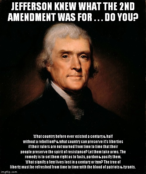Thomas Jefferson and the 2nd Amendment. | JEFFERSON KNEW WHAT THE 2ND AMENDMENT WAS FOR . . . DO YOU? What country before ever existed a century & half without a rebellion? & what country can preserve it’s liberties if their rulers are not warned from time to time that their people preserve the spirit of resistance? Let them take arms. The remedy is to set them right as to facts, pardon & pacify them. What signify a few lives lost in a century or two? The tree of liberty must be refreshed from time to time with the blood of patriots & tyrants. | image tagged in thomas jefferson,2nd amendment | made w/ Imgflip meme maker