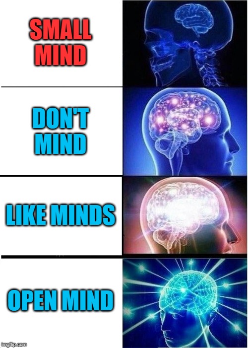 Expanding Brain Meme | SMALL MIND DON'T MIND LIKE MINDS OPEN MIND | image tagged in memes,expanding brain | made w/ Imgflip meme maker