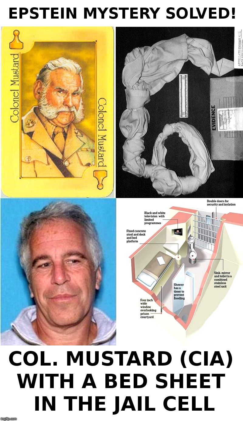 Epstein Mystery Solved! | image tagged in jeffrey epstein,mustard,noose,cell,clue | made w/ Imgflip meme maker
