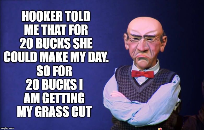 For 20 bucks | HOOKER TOLD ME THAT FOR 20 BUCKS SHE COULD MAKE MY DAY. SO FOR 20 BUCKS I AM GETTING MY GRASS CUT | image tagged in jeff dunham walter,hooker,walter,old man | made w/ Imgflip meme maker