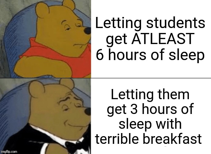 Tuxedo Winnie The Pooh | Letting students get ATLEAST 6 hours of sleep; Letting them get 3 hours of sleep with terrible breakfast | image tagged in memes,tuxedo winnie the pooh | made w/ Imgflip meme maker