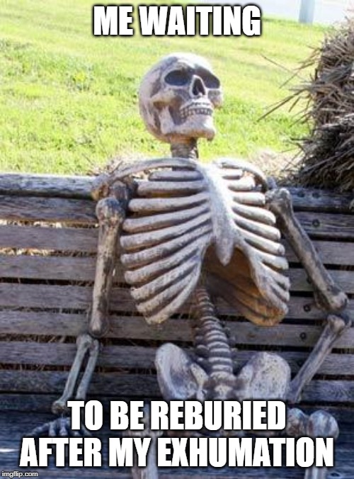 Waiting Skeleton | ME WAITING; TO BE REBURIED AFTER MY EXHUMATION | image tagged in memes,waiting skeleton | made w/ Imgflip meme maker
