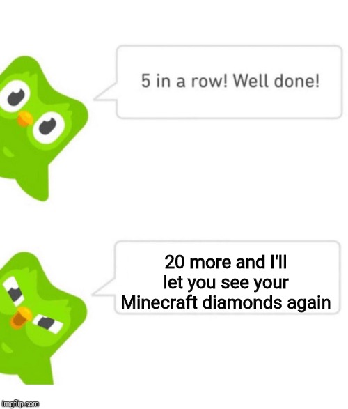 Duolingo 5 in a row | 20 more and I'll let you see your Minecraft diamonds again | image tagged in duolingo 5 in a row | made w/ Imgflip meme maker