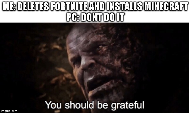 Lol | ME: DELETES FORTNITE AND INSTALLS MINECRAFT
PC: DONT DO IT | image tagged in you should be grateful thanos | made w/ Imgflip meme maker