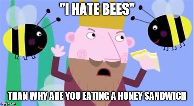 Just Why | "I HATE BEES"; THAN WHY ARE YOU EATING A HONEY SANDWICH | image tagged in memes,funny,bad luck brian,first world problems | made w/ Imgflip meme maker