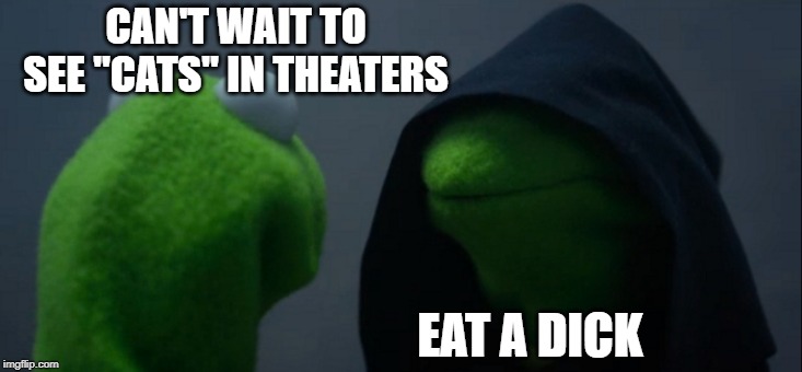 Memory, all alone in the moonlight | CAN'T WAIT TO SEE "CATS" IN THEATERS; EAT A DICK | image tagged in memes,evil kermit | made w/ Imgflip meme maker