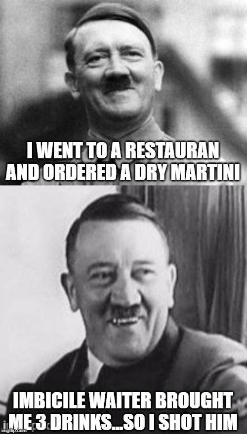 eins, zwei, drei... | I WENT TO A RESTAURAN AND ORDERED A DRY MARTINI; IMBICILE WAITER BROUGHT ME 3 DRINKS...SO I SHOT HIM | image tagged in bad pun hitler | made w/ Imgflip meme maker