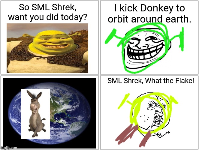 Blank Comic Panel 2x2 Meme | So SML Shrek, want you did today? I kick Donkey to orbit around earth. SML Shrek, What the Flake! | image tagged in memes,blank comic panel 2x2,shrek | made w/ Imgflip meme maker