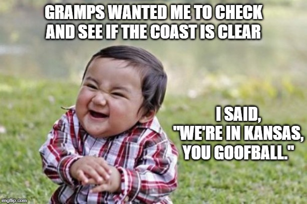 Evil Toddler | GRAMPS WANTED ME TO CHECK AND SEE IF THE COAST IS CLEAR; I SAID, "WE'RE IN KANSAS, YOU GOOFBALL." | image tagged in memes,evil toddler | made w/ Imgflip meme maker