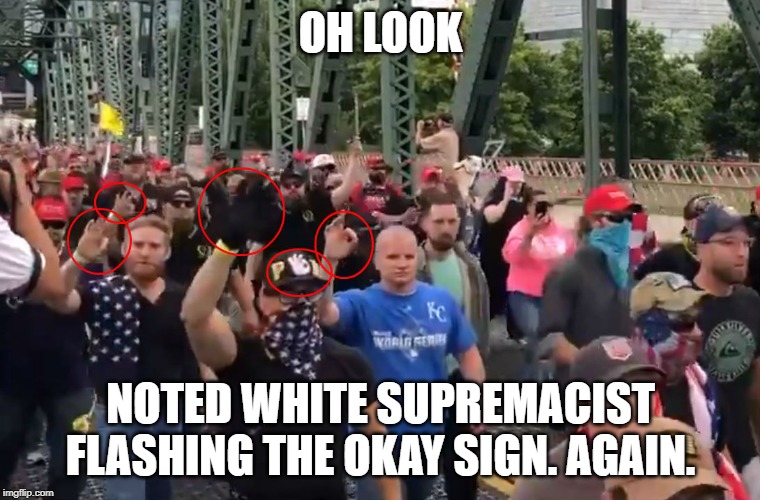 Proud Boys are OKAY! | OH LOOK; NOTED WHITE SUPREMACIST FLASHING THE OKAY SIGN. AGAIN. | image tagged in donald trump is proud,racist,okay,conservatives | made w/ Imgflip meme maker