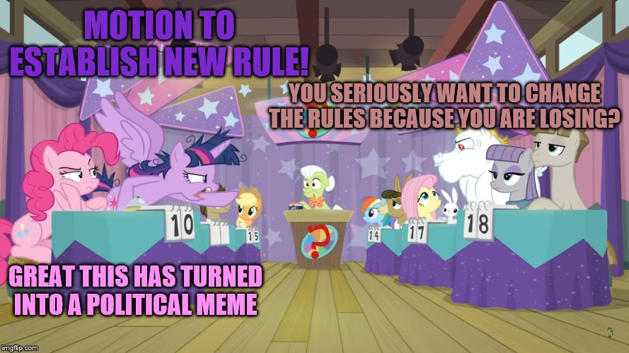 MOTION TO ESTABLISH NEW RULE! YOU SERIOUSLY WANT TO CHANGE THE RULES BECAUSE YOU ARE LOSING? GREAT THIS HAS TURNED INTO A POLITICAL MEME | image tagged in my little pony | made w/ Imgflip meme maker
