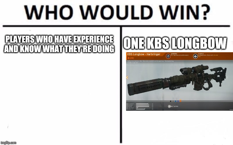 Who Would Win? Meme | ONE KBS LONGBOW; PLAYERS WHO HAVE EXPERIENCE AND KNOW WHAT THEY'RE DOING | image tagged in memes,who would win | made w/ Imgflip meme maker