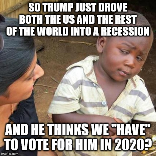 Third World Skeptical Kid Meme | SO TRUMP JUST DROVE BOTH THE US AND THE REST OF THE WORLD INTO A RECESSION; AND HE THINKS WE "HAVE" TO VOTE FOR HIM IN 2020? | image tagged in memes,third world skeptical kid | made w/ Imgflip meme maker