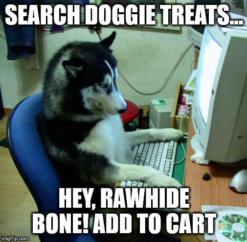 I Have No Idea What I Am Doing | SEARCH DOGGIE TREATS... HEY, RAWHIDE BONE! ADD TO CART | image tagged in memes,i have no idea what i am doing | made w/ Imgflip meme maker