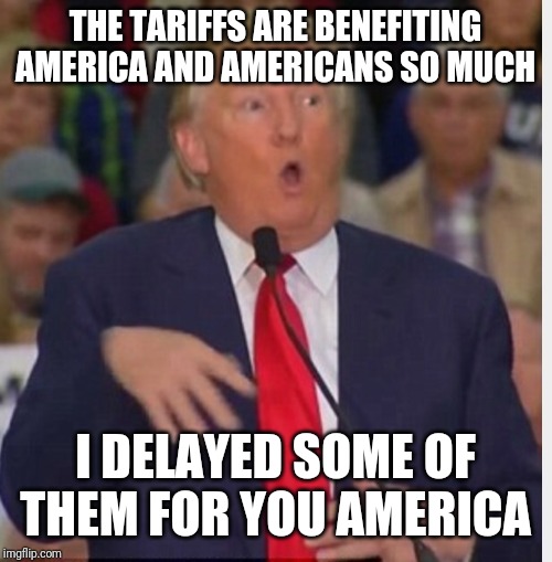 You're welcome | THE TARIFFS ARE BENEFITING AMERICA AND AMERICANS SO MUCH; I DELAYED SOME OF THEM FOR YOU AMERICA | image tagged in donald trump tho | made w/ Imgflip meme maker