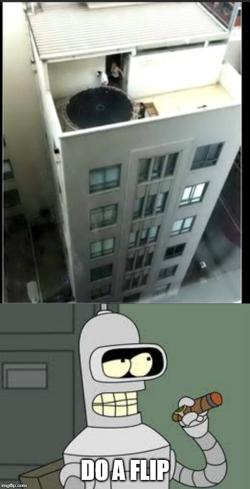 TRAMPOLINE AT THE TOP OF A BUILDING |  DO A FLIP | image tagged in bender,trampoline,memes | made w/ Imgflip meme maker