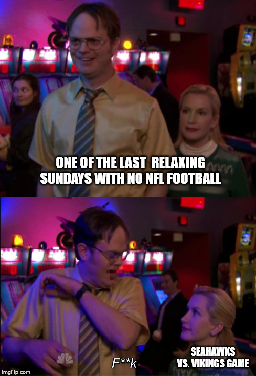 NFL Games | ONE OF THE LAST  RELAXING SUNDAYS WITH NO NFL FOOTBALL; SEAHAWKS VS. VIKINGS GAME | image tagged in angela scared dwight,nfl,funny | made w/ Imgflip meme maker