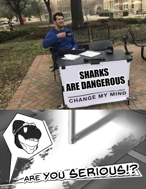 MrRedRobert77 asked me to use his templates! Here is what I came up with! | SHARKS ARE DANGEROUS | image tagged in memes,change my mind,shark are you serious,nixieknox,mrredrobert77 | made w/ Imgflip meme maker