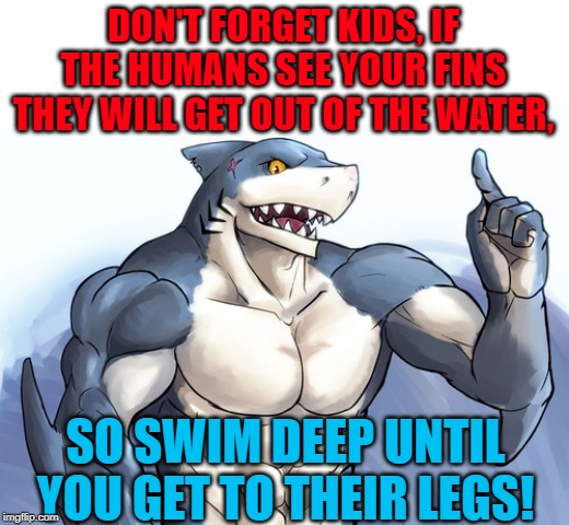 When you get advice on how to eat humans .  MrRedRobert77 asked me to use his templates! Here is what I came up with! | DON'T FORGET KIDS, IF THE HUMANS SEE YOUR FINS THEY WILL GET OUT OF THE WATER, SO SWIM DEEP UNTIL YOU GET TO THEIR LEGS! | image tagged in how to idea,nixieknox,memes,mrredrobert77 | made w/ Imgflip meme maker