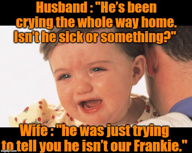 Crying kid | Husband : "He’s been crying the whole way home. Isn’t he sick or something?"; Wife : "he was just trying to tell you he isn’t our Frankie." | image tagged in funny | made w/ Imgflip meme maker