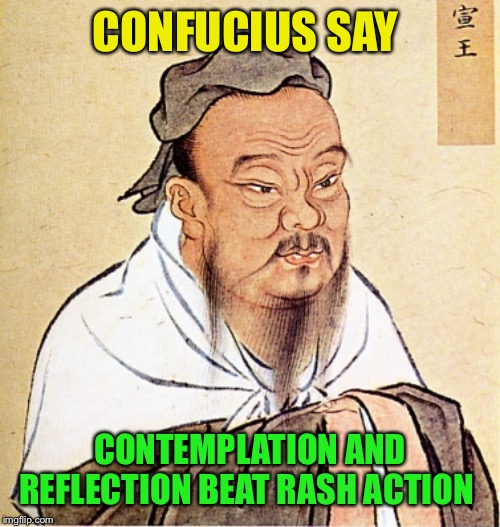 Confucius Says | CONFUCIUS SAY CONTEMPLATION AND REFLECTION BEAT RASH ACTION | image tagged in confucius says | made w/ Imgflip meme maker