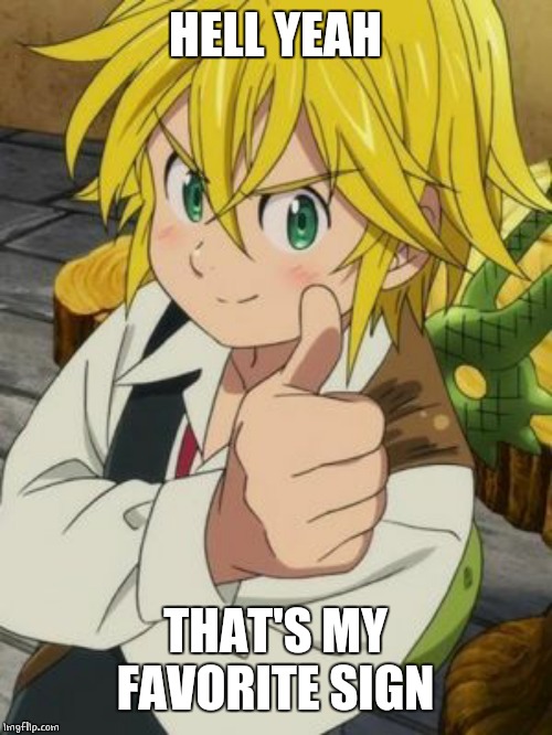 MELIODAS THUMBS UP | HELL YEAH THAT'S MY FAVORITE SIGN | image tagged in meliodas thumbs up | made w/ Imgflip meme maker