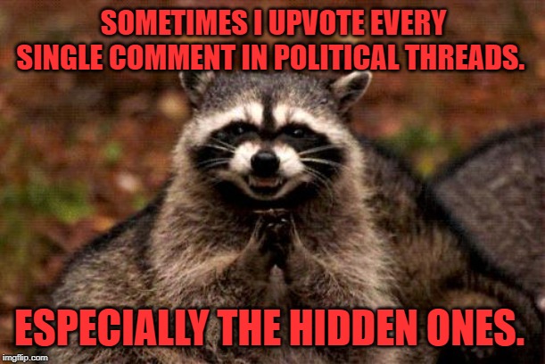 Evil Plotting Raccoon Meme | SOMETIMES I UPVOTE EVERY SINGLE COMMENT IN POLITICAL THREADS. ESPECIALLY THE HIDDEN ONES. | image tagged in memes,evil plotting raccoon | made w/ Imgflip meme maker