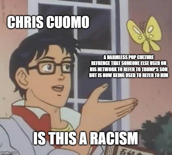 Is This A Pigeon Meme | CHRIS CUOMO; A HARMLESS POP CULTURE REFRENCE THAT SOMEONE ELSE USED ON HIS NETWORK TO REFER TO TRUMP'S SON BUT IS NOW BEING USED TO REFER TO HIM; IS THIS A RACISM | image tagged in memes,is this a pigeon | made w/ Imgflip meme maker