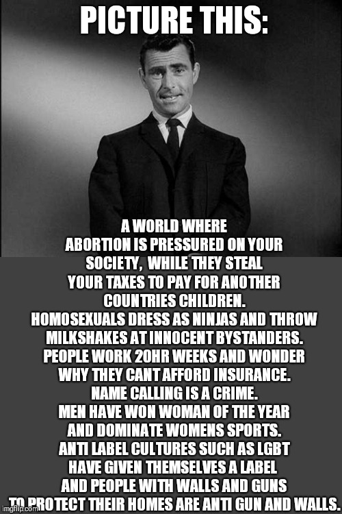 rod serling twilight zone | PICTURE THIS:; A WORLD WHERE ABORTION IS PRESSURED ON YOUR SOCIETY,  WHILE THEY STEAL YOUR TAXES TO PAY FOR ANOTHER COUNTRIES CHILDREN.
HOMOSEXUALS DRESS AS NINJAS AND THROW MILKSHAKES AT INNOCENT BYSTANDERS.
PEOPLE WORK 20HR WEEKS AND WONDER WHY THEY CANT AFFORD INSURANCE.
NAME CALLING IS A CRIME.
MEN HAVE WON WOMAN OF THE YEAR AND DOMINATE WOMENS SPORTS.
ANTI LABEL CULTURES SUCH AS LGBT HAVE GIVEN THEMSELVES A LABEL 
AND PEOPLE WITH WALLS AND GUNS TO PROTECT THEIR HOMES ARE ANTI GUN AND WALLS. | image tagged in rod serling twilight zone | made w/ Imgflip meme maker