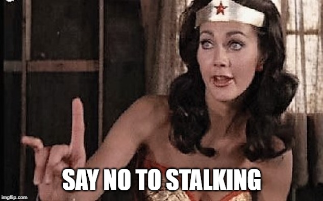 wonder woman oh no he di int | SAY NO TO STALKING | image tagged in wonder woman oh no he di int | made w/ Imgflip meme maker