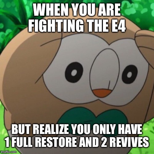 Rowlet Meme Template | WHEN YOU ARE FIGHTING THE E4; BUT REALIZE YOU ONLY HAVE 1 FULL RESTORE AND 2 REVIVES | image tagged in rowlet meme template | made w/ Imgflip meme maker