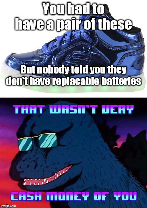 Light up Sketchers | You had to have a pair of these; But nobody told you they don't have replacable batteries | image tagged in cash money godzilla,shoes,school,fail,childhood,angry toddler | made w/ Imgflip meme maker