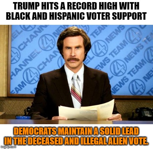 Voter fraud, the only chance the Democrats have left. | TRUMP HITS A RECORD HIGH WITH BLACK AND HISPANIC VOTER SUPPORT; DEMOCRATS MAINTAIN A SOLID LEAD IN THE DECEASED AND ILLEGAL ALIEN VOTE. | image tagged in breaking news | made w/ Imgflip meme maker