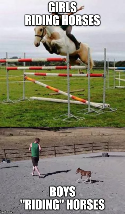 Jumping with adrenaline..in two different ways | GIRLS RIDING HORSES; BOYS "RIDING" HORSES | image tagged in girls,boys,horses,ponies,cow,funny | made w/ Imgflip meme maker