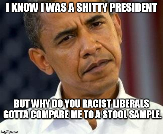 obama confused | I KNOW I WAS A SHITTY PRESIDENT BUT WHY DO YOU RACIST LIBERALS 
GOTTA COMPARE ME TO A STOOL SAMPLE. | image tagged in obama confused | made w/ Imgflip meme maker