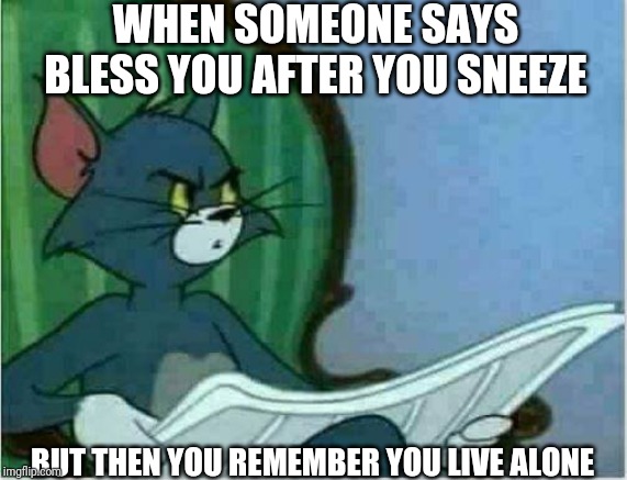 Tom Newspaper Original | WHEN SOMEONE SAYS BLESS YOU AFTER YOU SNEEZE; BUT THEN YOU REMEMBER YOU LIVE ALONE | image tagged in tom newspaper original,memes,ghost,home alone | made w/ Imgflip meme maker
