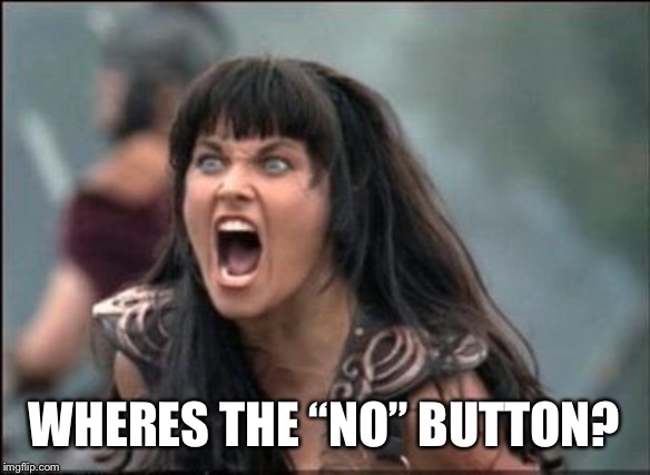 Angry Xena | WHERES THE “NO” BUTTON? | image tagged in angry xena | made w/ Imgflip meme maker