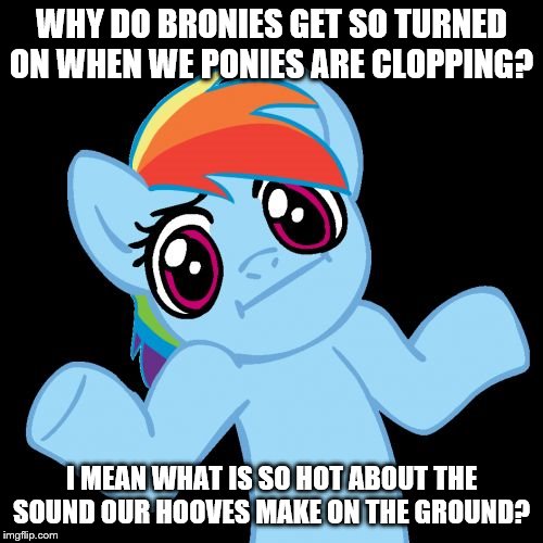 Pony Shrugs | WHY DO BRONIES GET SO TURNED ON WHEN WE PONIES ARE CLOPPING? I MEAN WHAT IS SO HOT ABOUT THE SOUND OUR HOOVES MAKE ON THE GROUND? | image tagged in memes,pony shrugs | made w/ Imgflip meme maker
