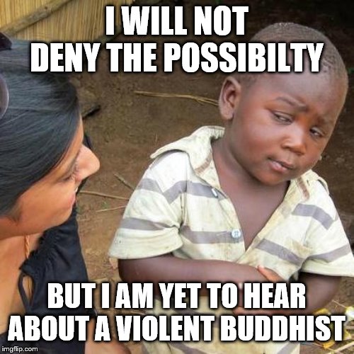 Third World Skeptical Kid Meme | I WILL NOT DENY THE POSSIBILTY BUT I AM YET TO HEAR ABOUT A VIOLENT BUDDHIST | image tagged in memes,third world skeptical kid | made w/ Imgflip meme maker