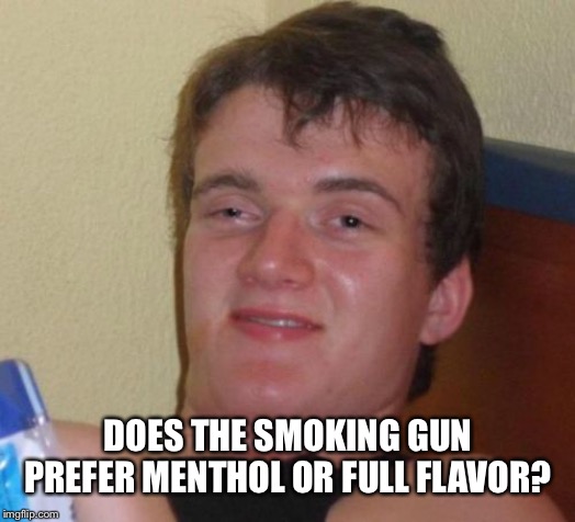 10 Guy Meme | DOES THE SMOKING GUN PREFER MENTHOL OR FULL FLAVOR? | image tagged in memes,10 guy | made w/ Imgflip meme maker
