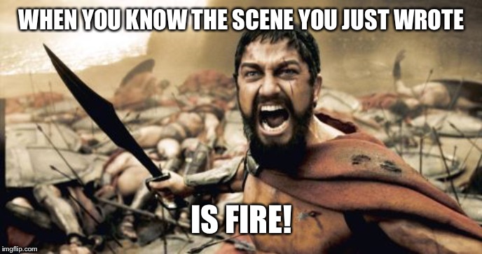 Sparta Leonidas Meme | WHEN YOU KNOW THE SCENE YOU JUST WROTE; IS FIRE! | image tagged in memes,sparta leonidas | made w/ Imgflip meme maker