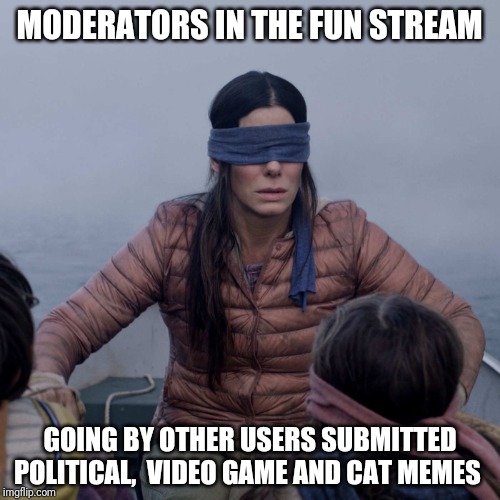 Bird Box Meme | MODERATORS IN THE FUN STREAM; GOING BY OTHER USERS SUBMITTED POLITICAL,  VIDEO GAME AND CAT MEMES | image tagged in memes,bird box | made w/ Imgflip meme maker