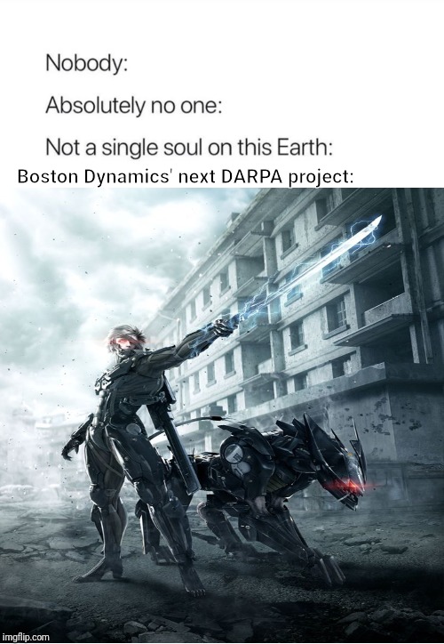 Boston Dynamics' next DARPA project: | image tagged in metal gear,robots,cyborg,gaming | made w/ Imgflip meme maker