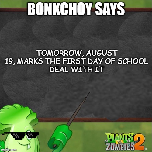 Bonk Choy says | BONKCHOY SAYS; TOMORROW, AUGUST 19, MARKS THE FIRST DAY OF SCHOOL
DEAL WITH IT | image tagged in bonk choy says | made w/ Imgflip meme maker